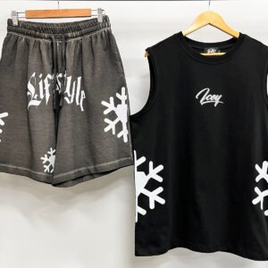 Black Sleeveless Tank Top And Charcoal Gray Shorts